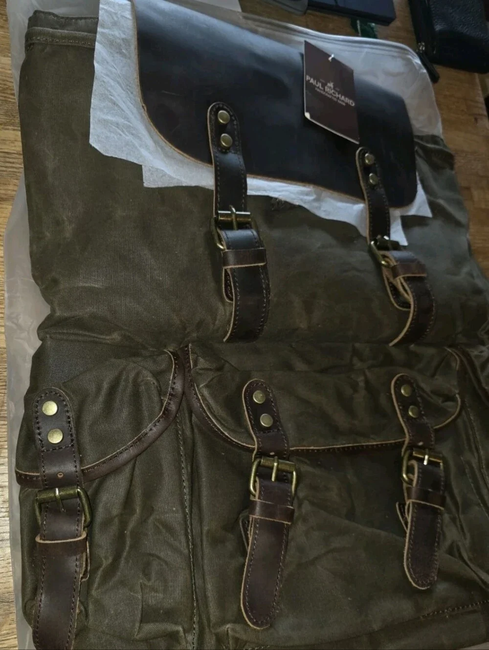 Paul richard handcrafted backpack, waxed canvas and leather